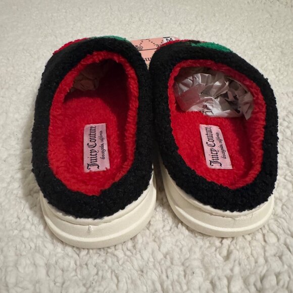 Juicy Couture Womens Cherry Embroidered Slippers sz medium black /red cozy new - Picture 2 of 9